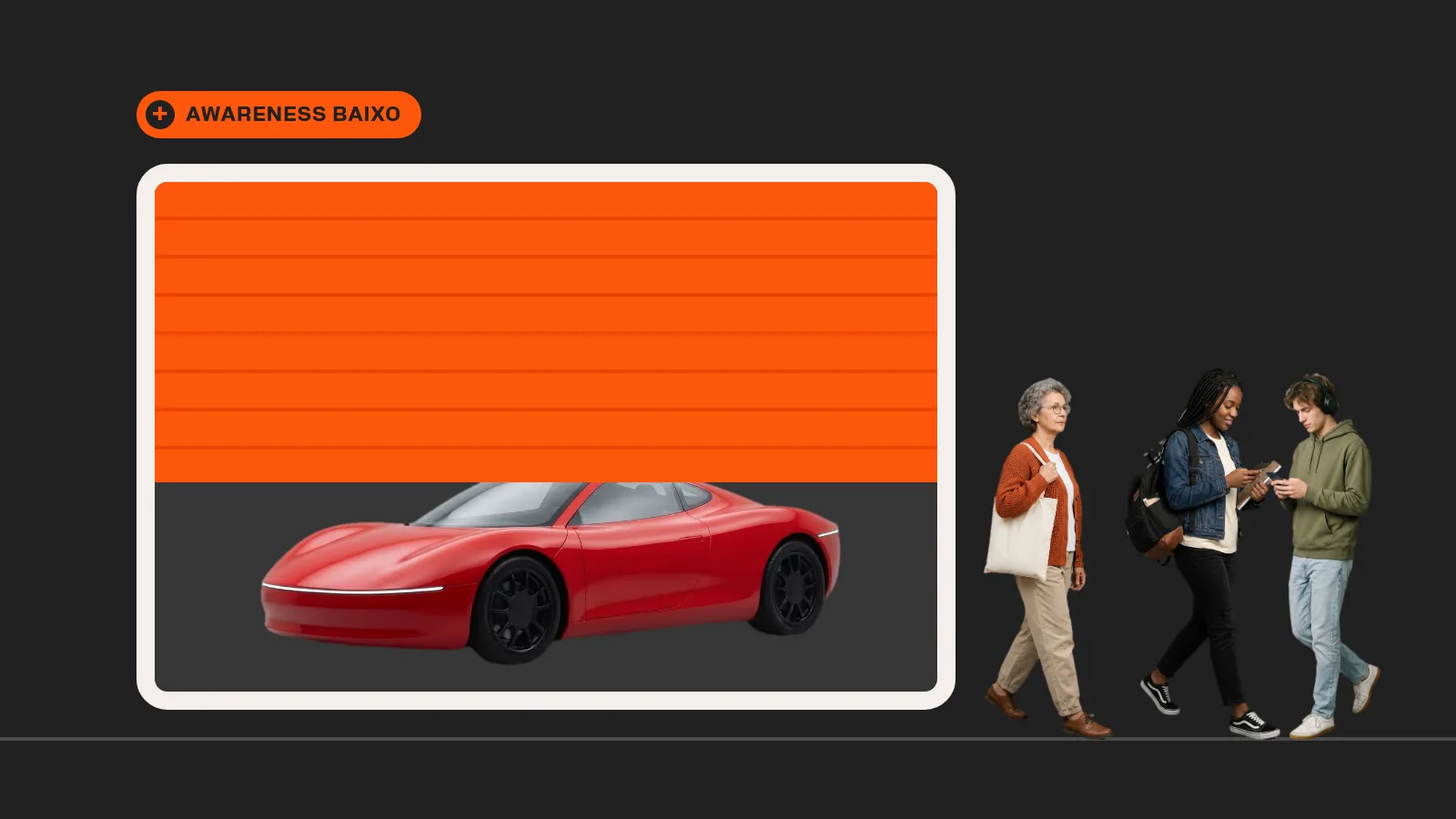 Ilustração de uma Ferrari vermelha dentro de uma garagem com a porta laranja meio fechada, enquanto três pessoas passam pela calçada sem olhar