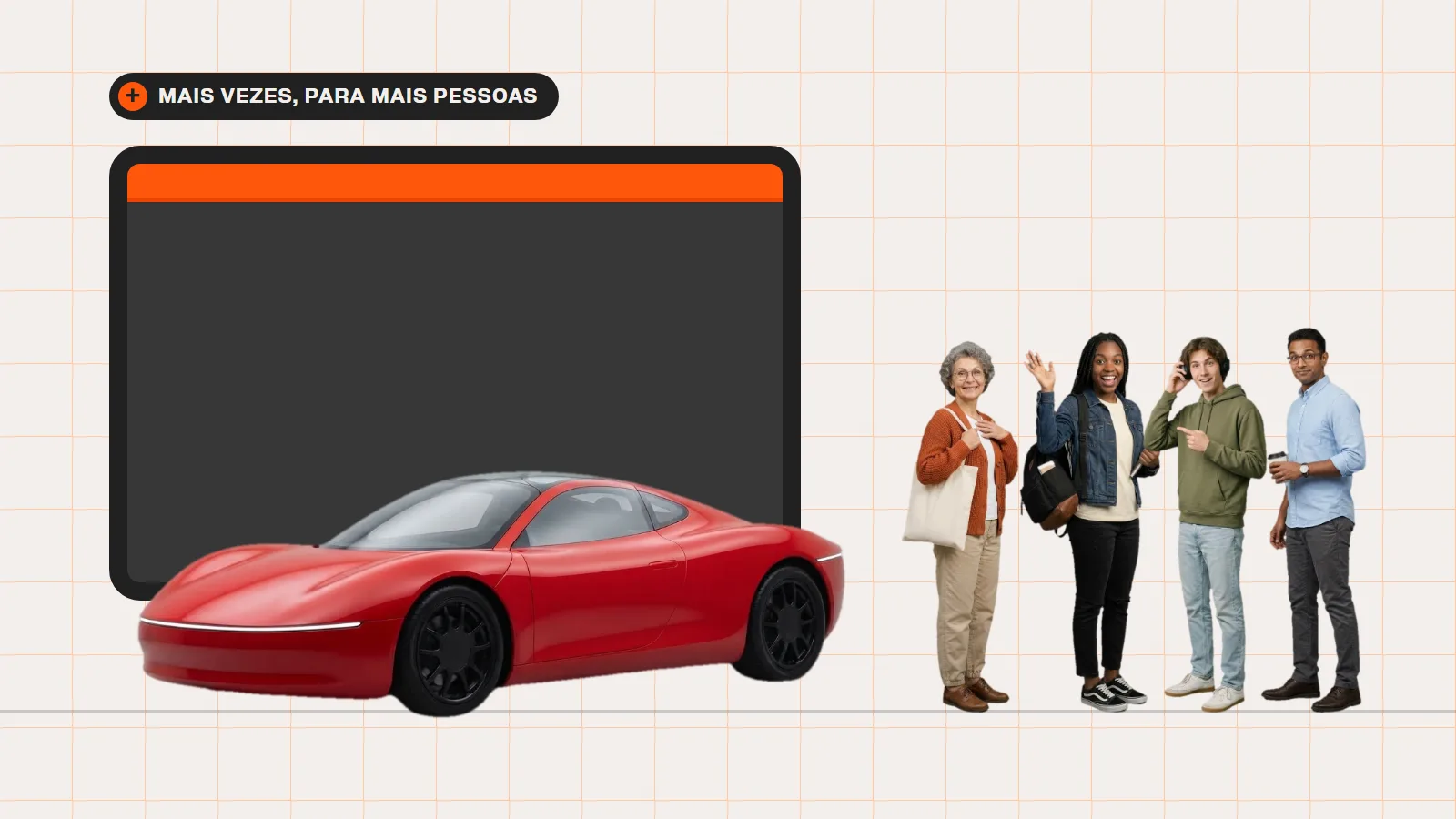 A mesma Ferrari vermelha fora da garagem aberta, e quatro pessoas olhando e apontando para o carro