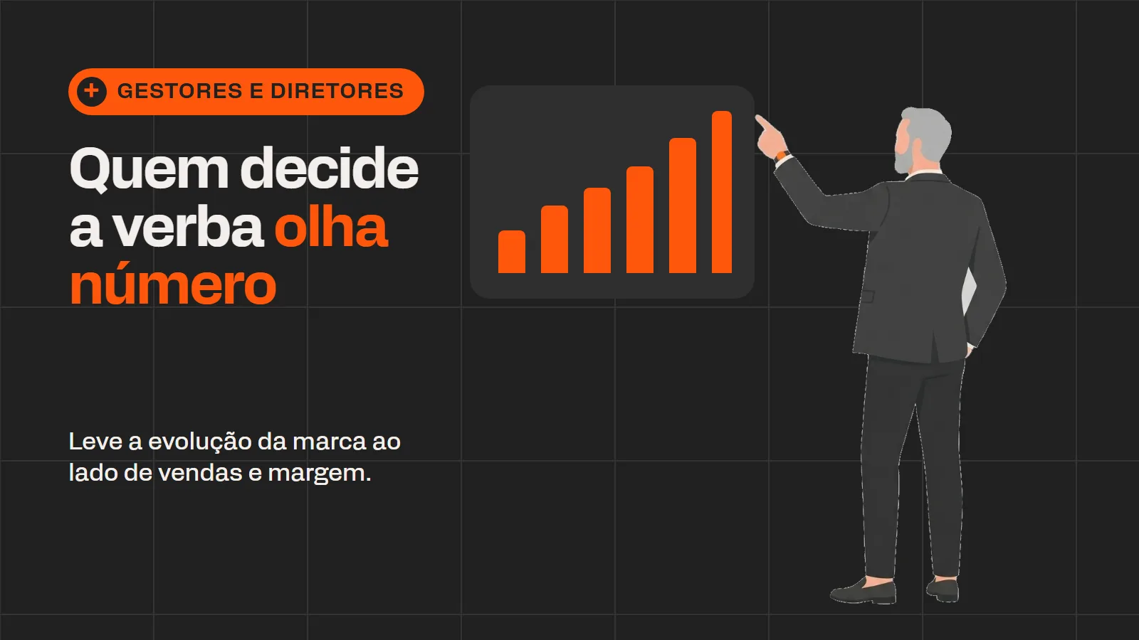 Diretor apontando para um gráfico de barras crescente, representando decisões de verba tomadas com base em números